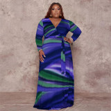 Plus Size Printed V Neck Long Sleeve Sashes Maxi Dress OSIF-22426