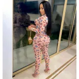 Butterfly Print Mesh Long Sleeve Zipper Jumpsuit SH-390379