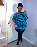 Plus Size Knit Letter Ripped V Neck Sweater Top OSM-5308