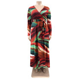 Plus Size Printed V Neck Long Sleeve Sashes Maxi Dress OSIF-22426