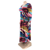 Plus Size Printed V Neck Long Sleeve Sashes Maxi Dress OSIF-22426