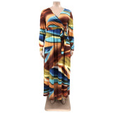 Plus Size Printed V Neck Long Sleeve Sashes Maxi Dress OSIF-22426