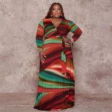 Plus Size Printed V Neck Long Sleeve Sashes Maxi Dress OSIF-22426