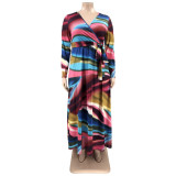 Plus Size Printed V Neck Long Sleeve Sashes Maxi Dress OSIF-22426
