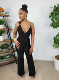 Solid V Neck Sleeveless Strap Sashes Jumpsuit WY-6898