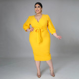 Plus Size Solid 3/4 Sleeve Sashes Midi Dress ONY-7029