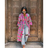 Casual Striped Long Sleeve Sashes Long Coat ASL-6593