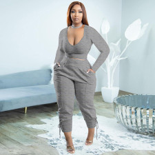 Plus Size Long Sleeve V Neck Two Piece Pants Sets WSYF-5950-1