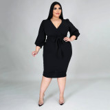Plus Size Solid 3/4 Sleeve Sashes Midi Dress ONY-7029
