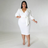 Plus Size Solid 3/4 Sleeve Sashes Midi Dress ONY-7029