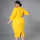 Plus Size Solid 3/4 Sleeve Sashes Midi Dress ONY-7029