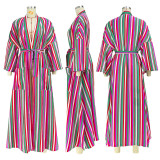 Casual Striped Long Sleeve Sashes Long Coat ASL-6593