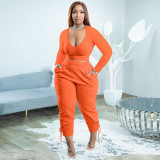 Plus Size Long Sleeve V Neck Two Piece Pants Sets WSYF-5950-1