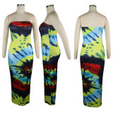 Tie Dye Print Strapless Off Shoulder Maxi Dress TE-4444