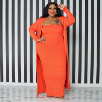 Plus Size Solid Strapless Maxi Dress+Long Cloak 2 Piece Sets NNWF-7575