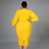 Plus Size Solid 3/4 Sleeve Sashes Midi Dress ONY-7029