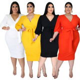 Plus Size Solid 3/4 Sleeve Sashes Midi Dress ONY-7029