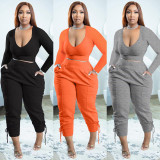 Plus Size Long Sleeve V Neck Two Piece Pants Sets WSYF-5950-1