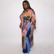 Plus Size Printed V Neck Loose Vacation Maxi Dress NNWF-7543
