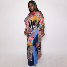 Plus Size Printed V Neck Loose Vacation Maxi Dress NNWF-7543