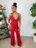 Solid V Neck Sleeveless Strap Sashes Jumpsuit WY-6898