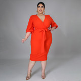 Plus Size Solid 3/4 Sleeve Sashes Midi Dress ONY-7029