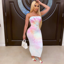 Tie Dye Print Strapless Off Shoulder Maxi Dress TE-4444