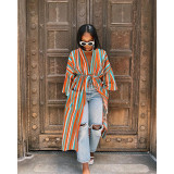 Casual Striped Long Sleeve Sashes Long Coat ASL-6593