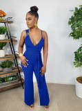 Solid V Neck Sleeveless Strap Sashes Jumpsuit WY-6898