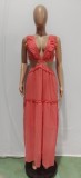 Sexy Ruffled V Neck Sleeveless Backless Hollow Maxi Dress BN-BN9335