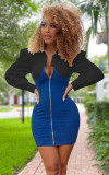 Denim Patchwork Long Sleeve Zipper Mini Dress MEM-88453