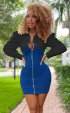 Denim Patchwork Long Sleeve Zipper Mini Dress MEM-88453