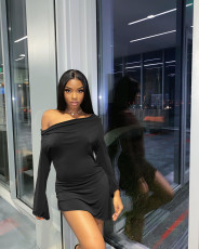 Solid Slash Neck Long Sleeve Mini Dress SMD-82097