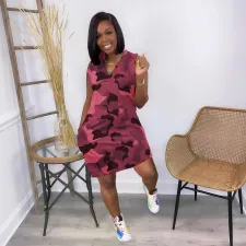 Plus Size Camo Print V Neck Sleeveless Mini Dress LSL-6502
