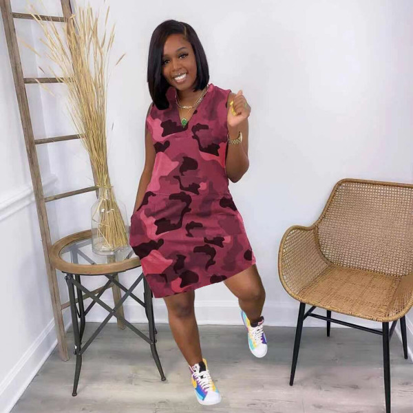Plus Size Camo Print V Neck Sleeveless Mini Dress LSL-6502