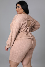 Plus Size Solid Long Sleeve Backless 2 Piece Shorts Sets OSM-5309