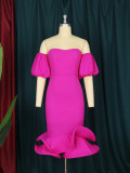 Plus Size Puff Sleeve Off-Shoulder Ruffle Midi Dress GKEN-220437