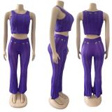 Plus Size Sexy Knit Sleeveless Two Piece Pants Sets OSM-4372