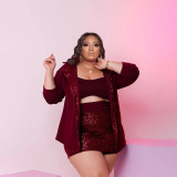 Plus Size Sexy Sequin Cami Top+Coat+Mini Skirt 3 Piece Sets PHF-13297
