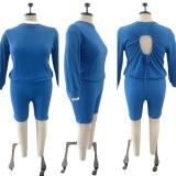 Plus Size Solid Long Sleeve Backless 2 Piece Shorts Sets OSM-5309