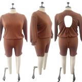 Plus Size Solid Long Sleeve Backless 2 Piece Shorts Sets OSM-5309