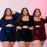 Plus Size Sexy Sequin Cami Top+Coat+Mini Skirt 3 Piece Sets PHF-13297
