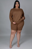 Plus Size Solid Long Sleeve Backless 2 Piece Shorts Sets OSM-5309