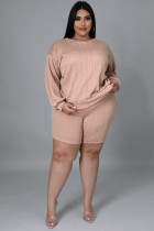 Plus Size Solid Long Sleeve Backless 2 Piece Shorts Sets OSM-5309