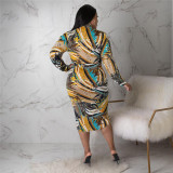 Plus Size Sexy Printed V Neck Split Long Sleeve Midi Dress ASL-7085
