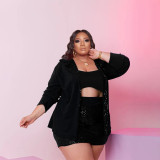 Plus Size Sexy Sequin Cami Top+Coat+Mini Skirt 3 Piece Sets PHF-13297