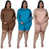 Plus Size Solid Long Sleeve Backless 2 Piece Shorts Sets OSM-5309