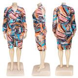 Plus Size Sexy Printed V Neck Split Long Sleeve Midi Dress ASL-7085