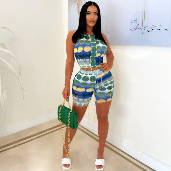 Sexy Printed Tassel Sleeveless 2 Piece Shorts Sets NY-10203