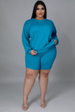 Plus Size Solid Long Sleeve Backless 2 Piece Shorts Sets OSM-5309